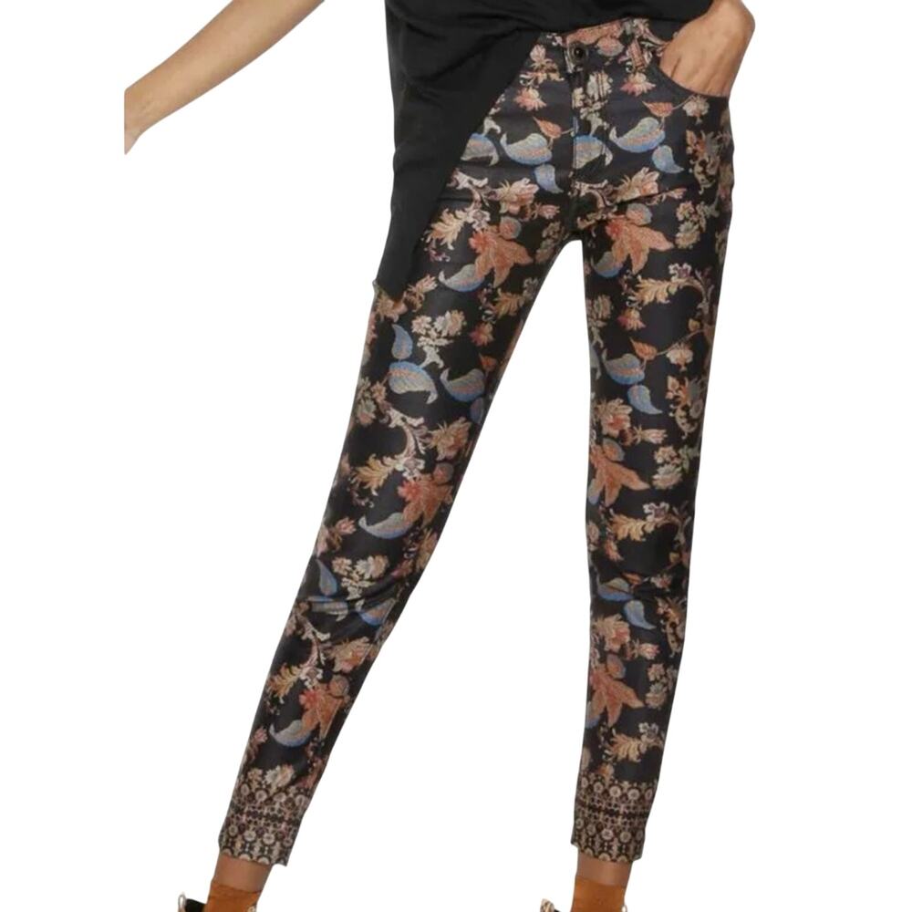 Desigual Black, Blue, Red & Gold Leaf Brocade Pants